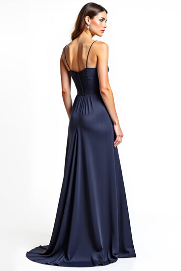 Granatowe ramiączka Spaghetti w kształcie litery A z marszczeniami Szyfonowa długa sukienka dla gości weselnych z rozcięciem